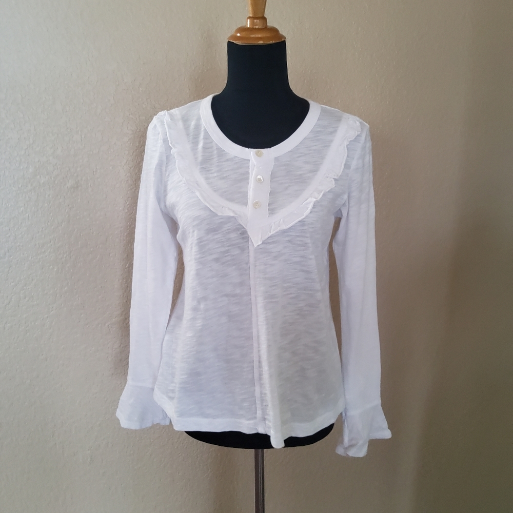 New Wilt Ruffle Long Sleeve Henley Jersey Knit Tee Top XS White